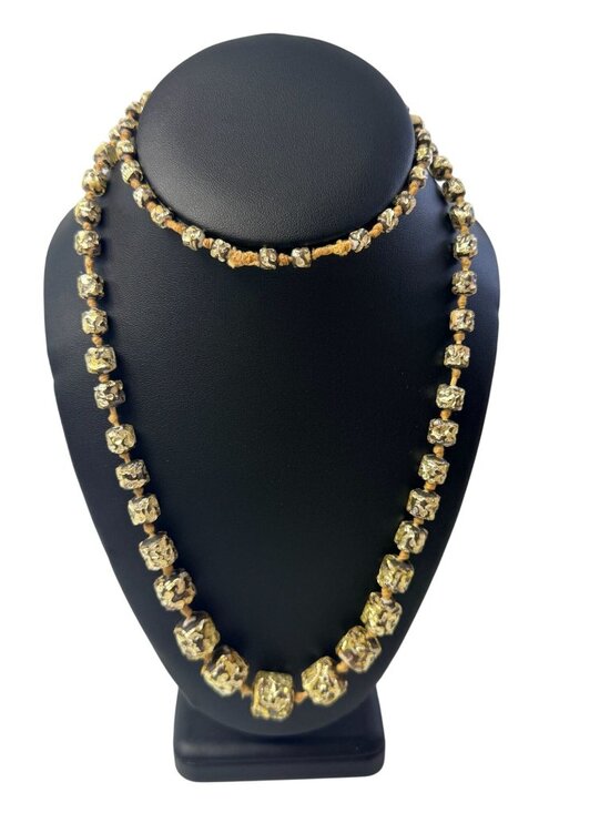 Jewelry - Vintage Murano Chunky Knotted Resin Prayer Bead Necklace Gold Foil Black 32"